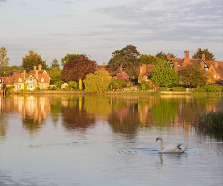 Tranquil view of the Beaulieu River with a swan gliding on the water and historic buildings in the background, captured by Redcliffe Landscape Gardeners.